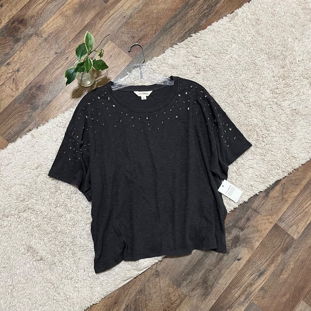 Lucky Brand Size Large Oversized Gray Embellished Jewelled Boxy Tee NWT